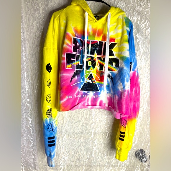 Pink Floyd Tops - Pink Floyd Tie-Dye Cropped Crewneck Hoodie in Yellow, Pink & Blue